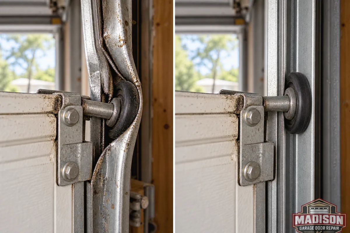 Garage door roller displaced from a bent track and correctly seated after repair
