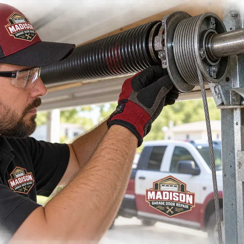 Garage door spring, cable drum, shaft, and bearing hardware during inspection
