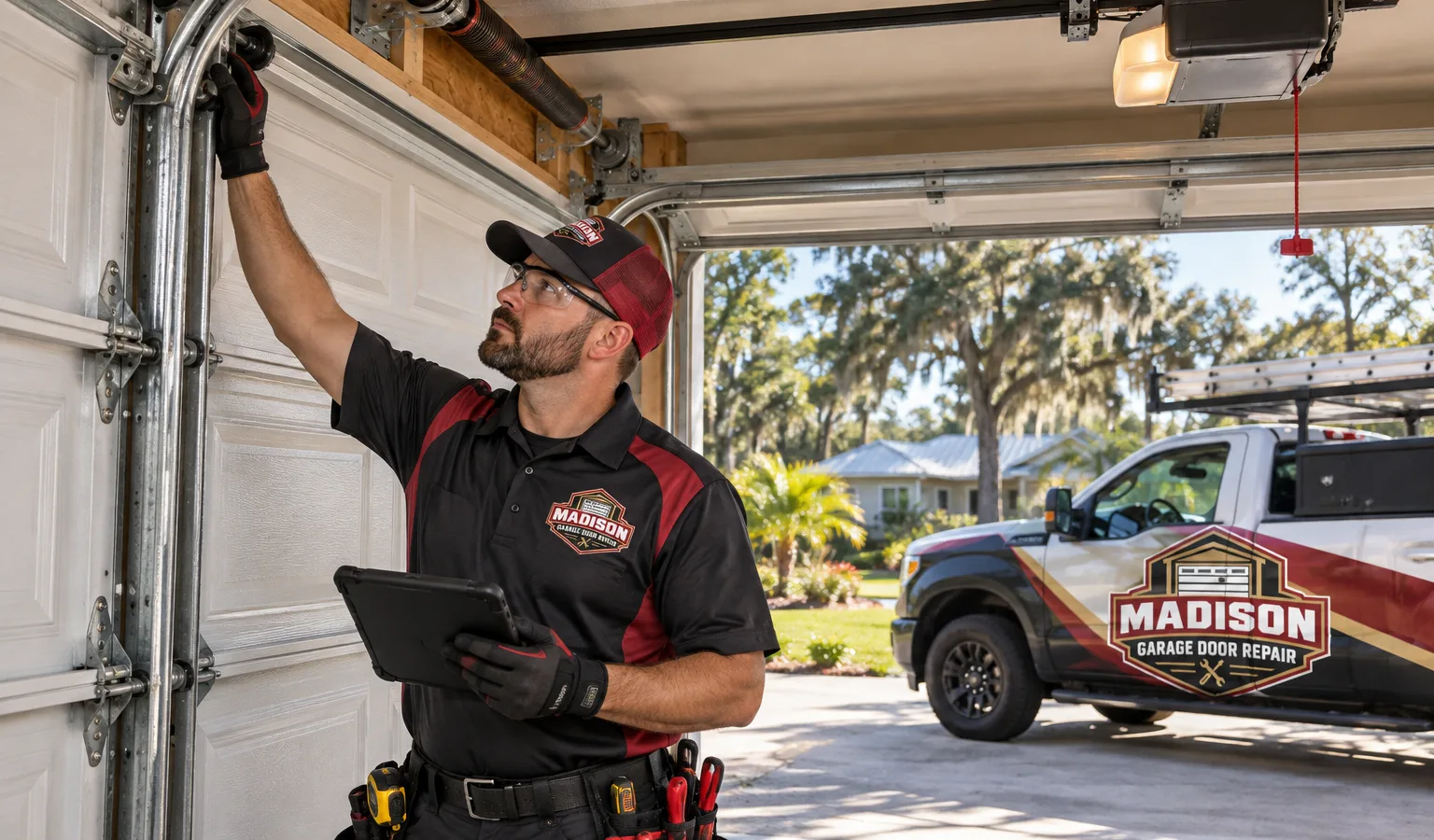 Technician inspecting a residential sectional garage door, tracks, rollers, springs, and opener in Madison, Florida