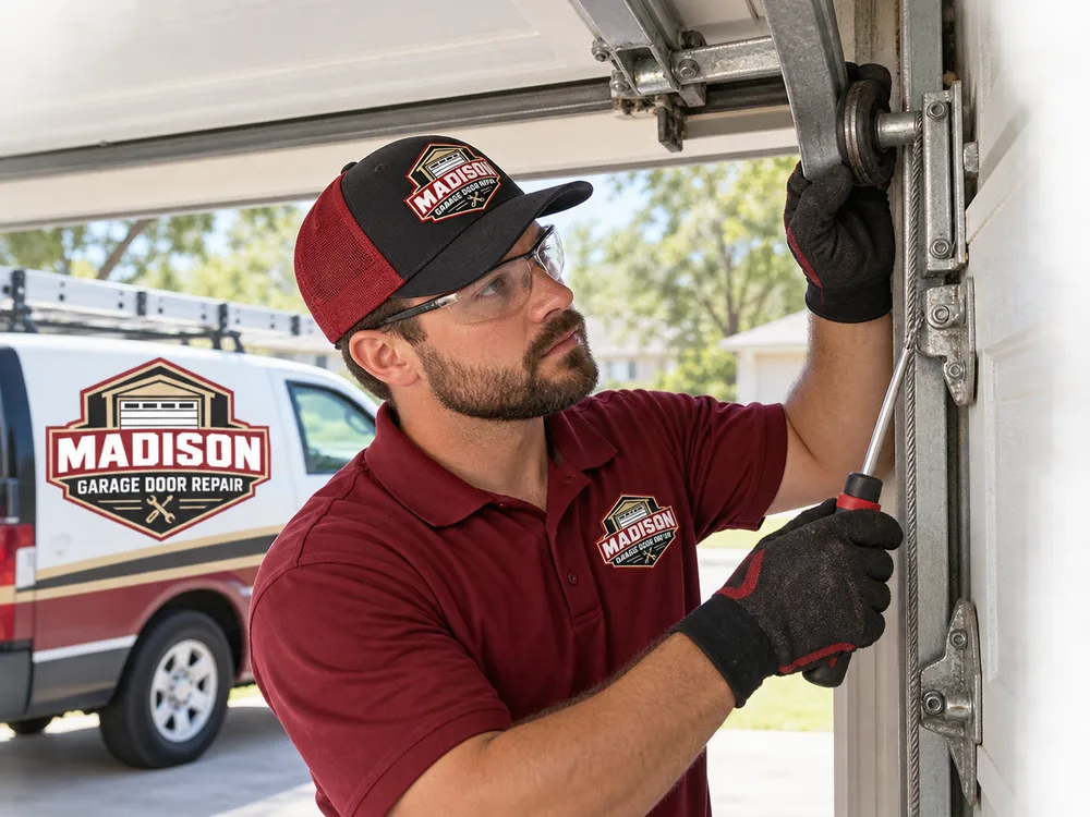 Technician inspecting garage door rollers, hinges, cable condition, and track alignment