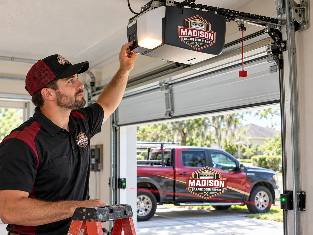Residential garage door opener and photo-eye safety sensors being tested