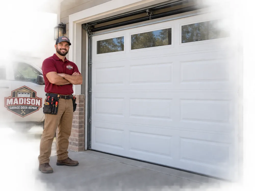 Residential garage door level in its opening after track and roller correction
