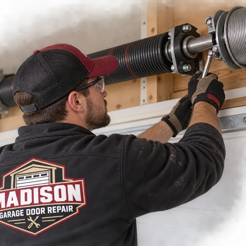 Torsion shaft, cable drums and spring assembly mounted correctly over a garage door opening