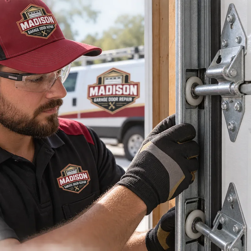 Correctly aligned garage door rollers, vertical track, hinges and perimeter weather seal during installation