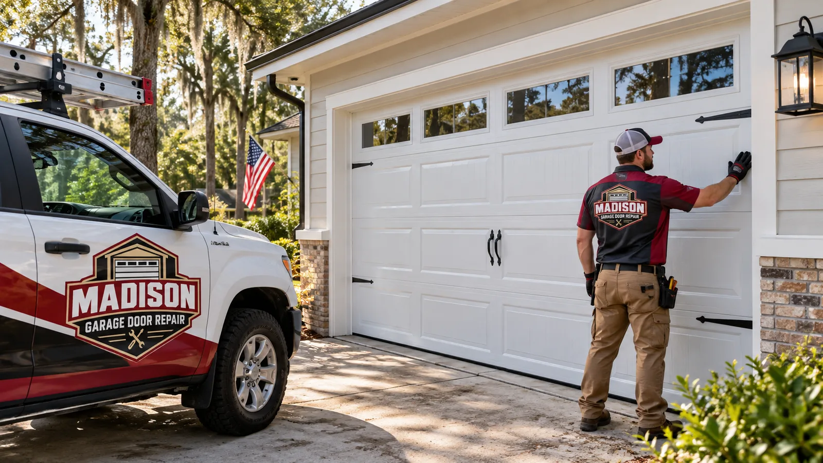 Newly installed sectional garage door closed squarely within a North Florida residential garage opening