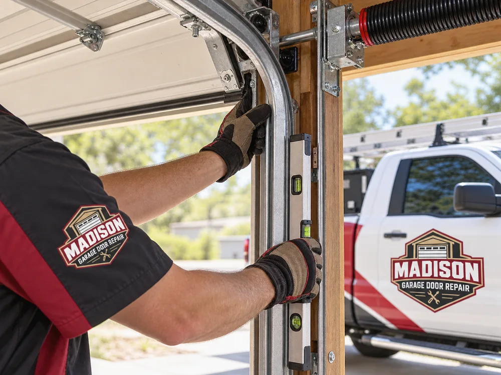 Technician checking garage door balance and track alignment with the opener disengaged