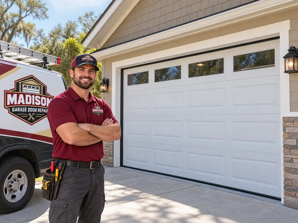 Finished insulated steel garage door with clean perimeter seals and evenly spaced panels