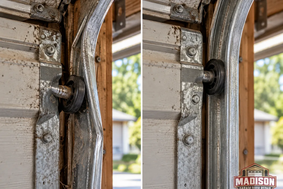 Garage door roller displaced from a bent track and the same track aligned with the roller properly seated