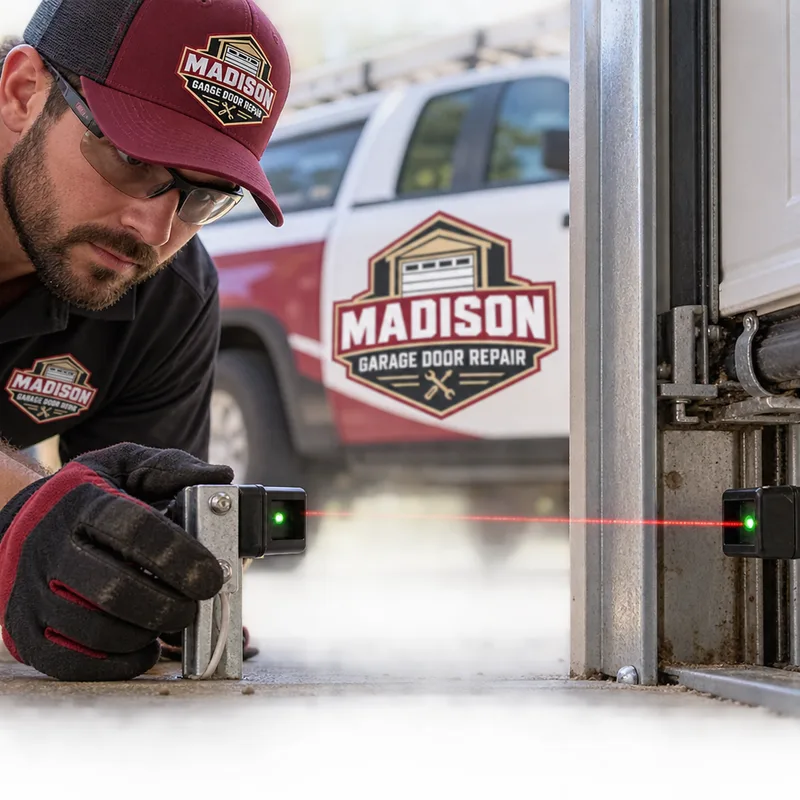Photo-eye safety sensors aligned across the bottom of a garage door opening during post-repair testing