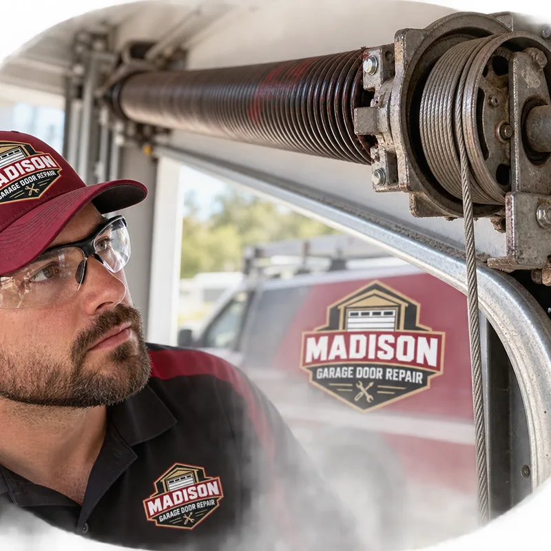 Garage door torsion spring, lift cable, drum, and track during a careful safety inspection