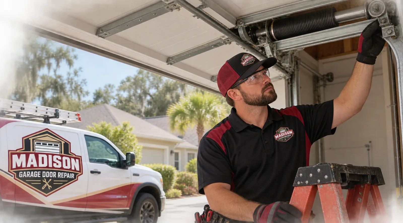 Technician inspecting the track, rollers, and spring system of a residential garage door stuck partway open