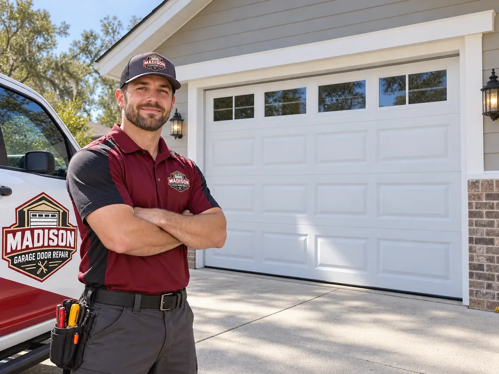 Repaired residential sectional garage door closed evenly against the floor with straight tracks and aligned panels
