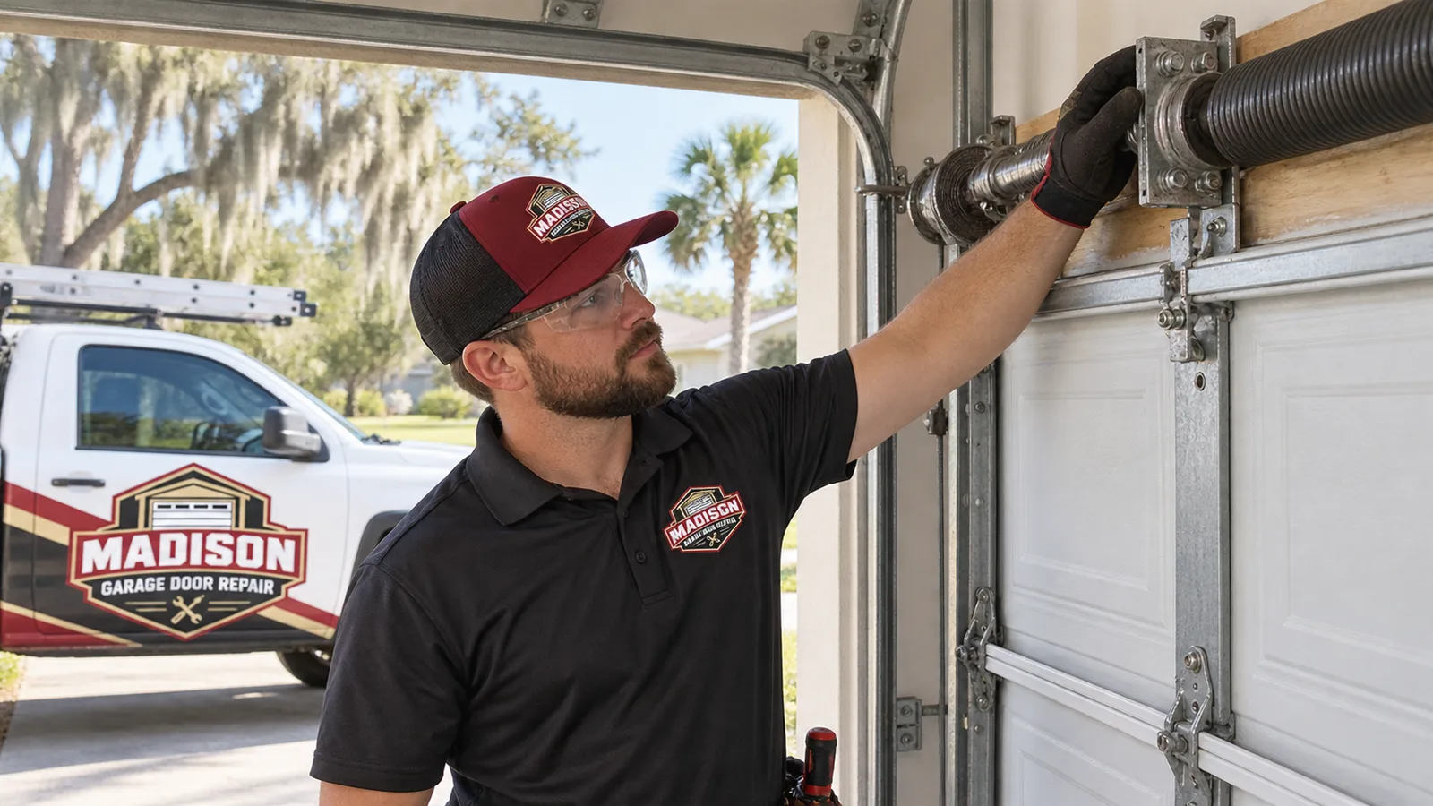 Residential garage door technician safely inspecting a torsion spring assembly mounted over a closed garage door