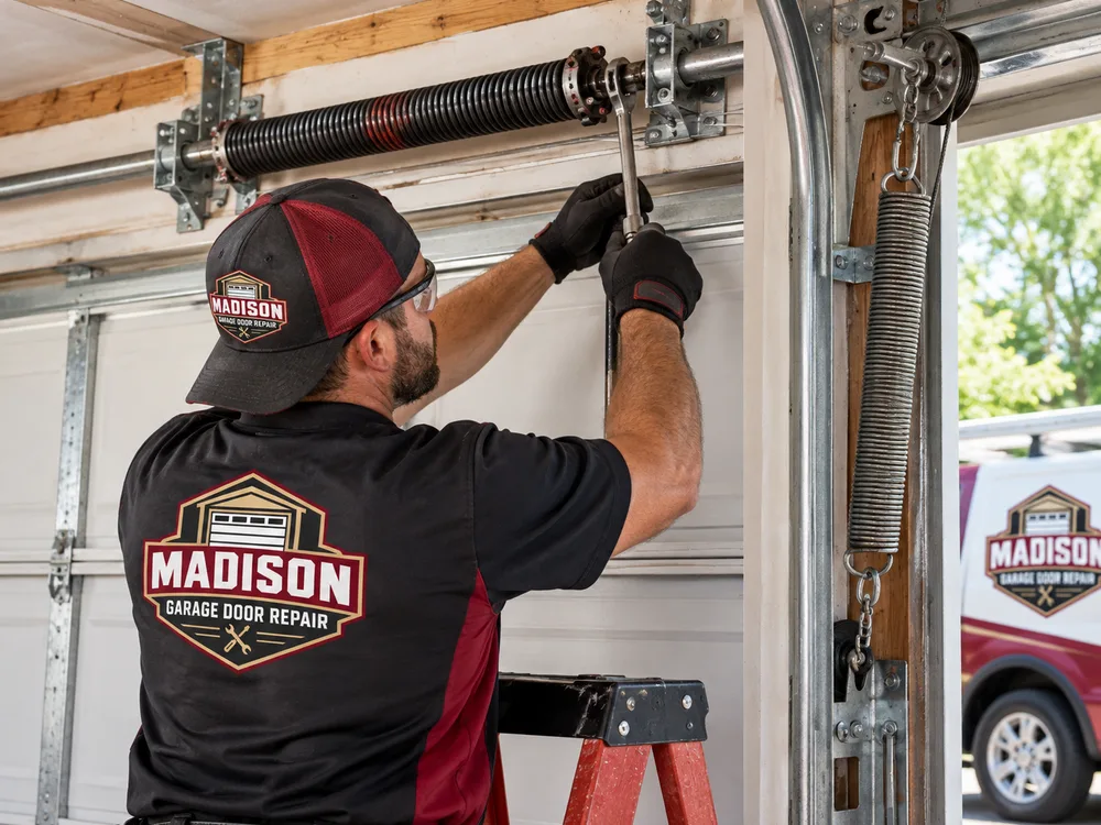 Torsion spring above a garage door and extension spring beside a horizontal track with surrounding hardware visible