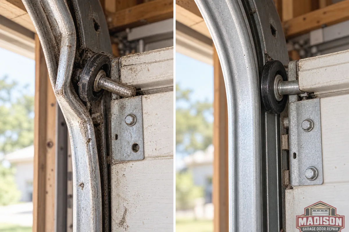 Displaced garage door roller beside a bent track before repair and seated in a straight aligned track after repair