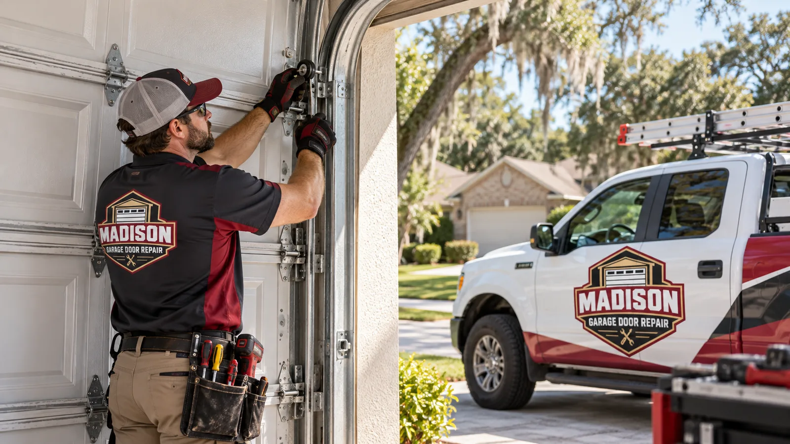 Residential garage door technician realigning a displaced roller with the vertical track while the door is secured