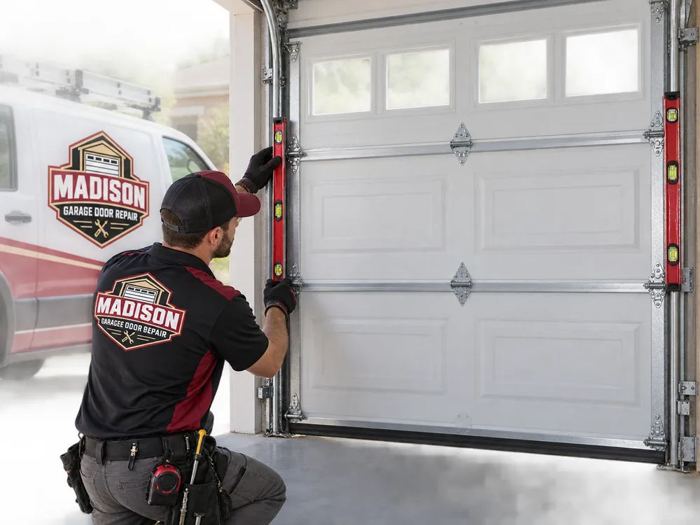 Secured residential sectional garage door with both vertical tracks being measured for parallel alignment after repair