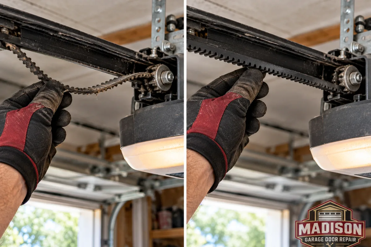 Comparison of a slack worn garage door opener drive belt and a correctly tensioned replacement belt