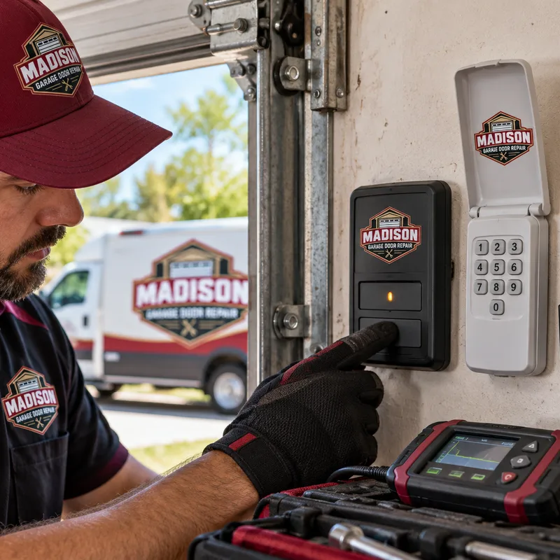 Wall-mounted garage door control, wireless keypad, handheld remote, and opener diagnostic meter