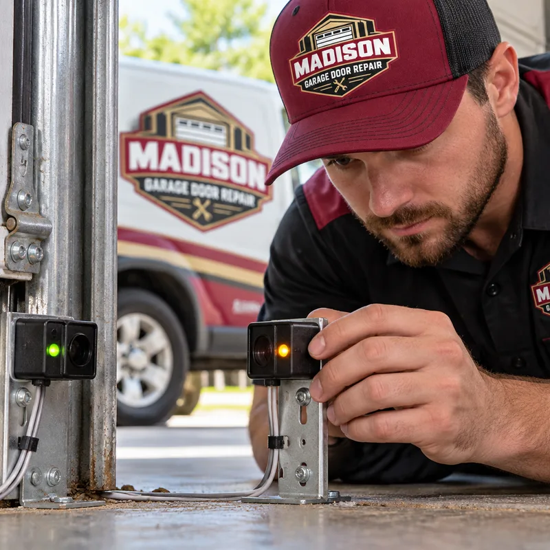 Garage door photo-eye sensors being aligned near the floor with indicator lights and wiring visible