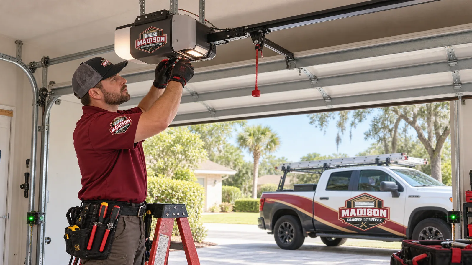 Technician diagnosing a ceiling-mounted garage door opener with the rail, trolley, and safety sensors visible